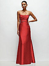 Front View Thumbnail - Poppy Red Strapless Cat-Eye Draped Bodice Satin Tumpet Dress