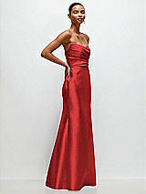 Side View Thumbnail - Poppy Red Strapless Cat-Eye Draped Bodice Satin Tumpet Dress