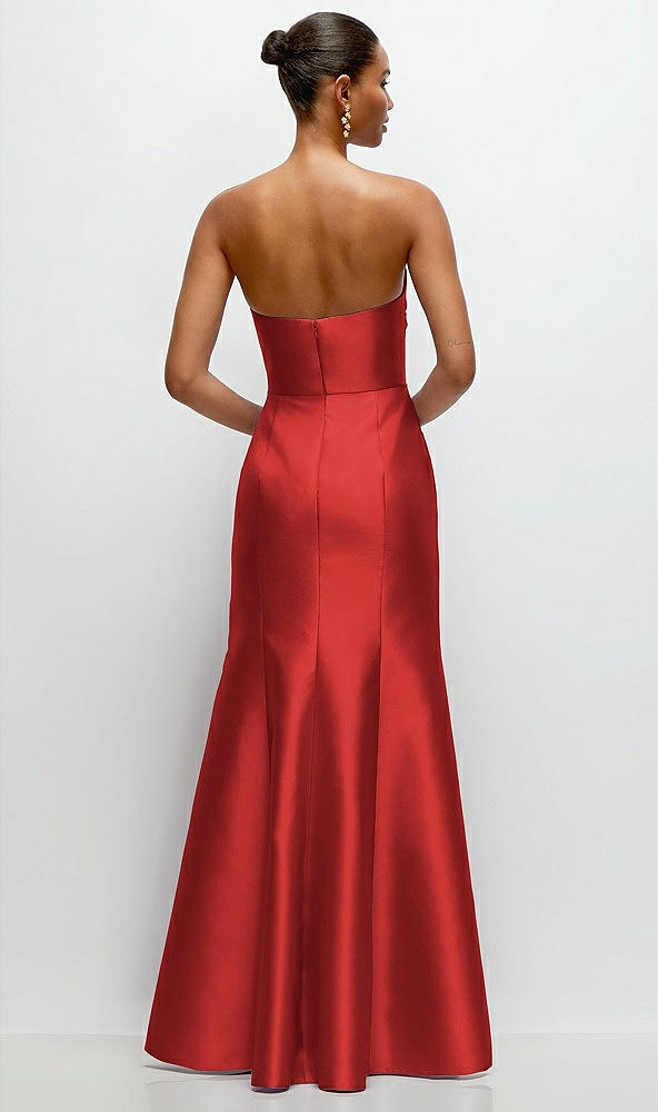 Back View - Poppy Red Strapless Cat-Eye Draped Bodice Satin Tumpet Dress