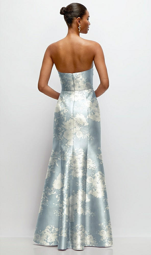 Back View - Porcelain Blue Seraphina Floral Strapless Cat-Eye Draped Bodice Floral Satin Tumpet Dress