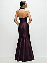 Rear View Thumbnail - Deep Plum High-Neck Halter Open-Back Satin Trumpet Dress 