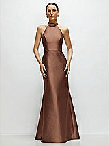 Front View Thumbnail - Cognac High-Neck Halter Open-Back Satin Trumpet Dress 