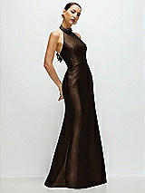Side View Thumbnail - Espresso High-Neck Halter Open-Back Satin Trumpet Dress 