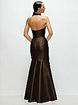 Rear View Thumbnail - Espresso High-Neck Halter Open-Back Satin Trumpet Dress 