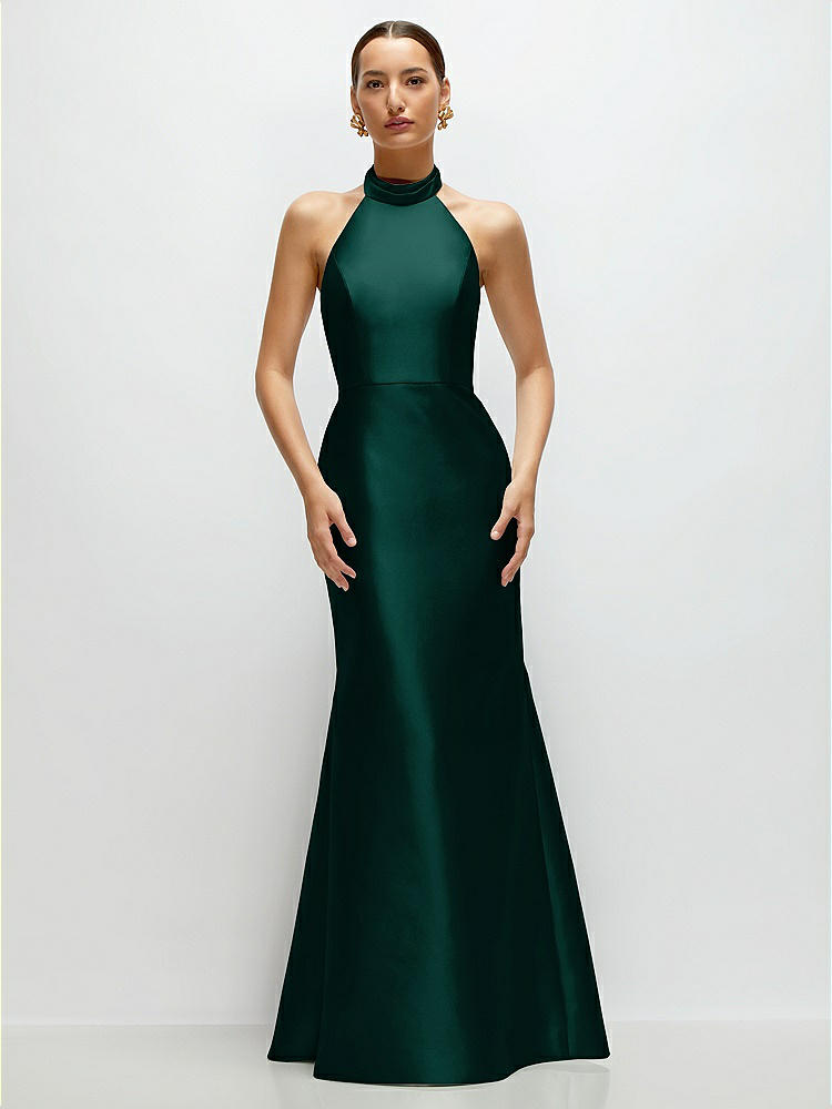Jewel Neck Halter Full A-line Satin Maxi Bridesmaid Dress In Cloudy | The  Dessy Group