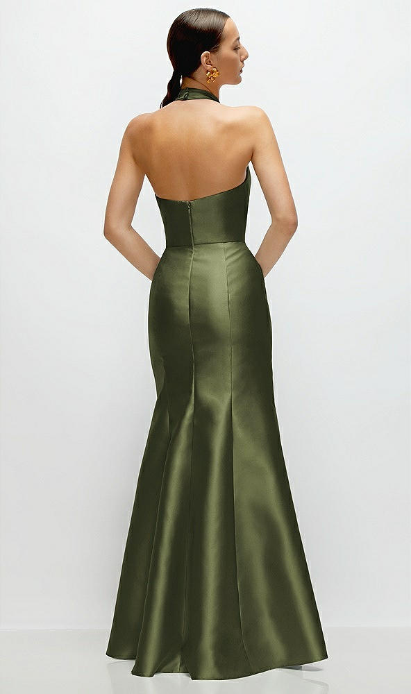 Back View - Olive Green High-Neck Halter Open-Back Satin Trumpet Dress 
