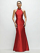 Front View Thumbnail - Poppy Red High-Neck Halter Open-Back Satin Trumpet Dress