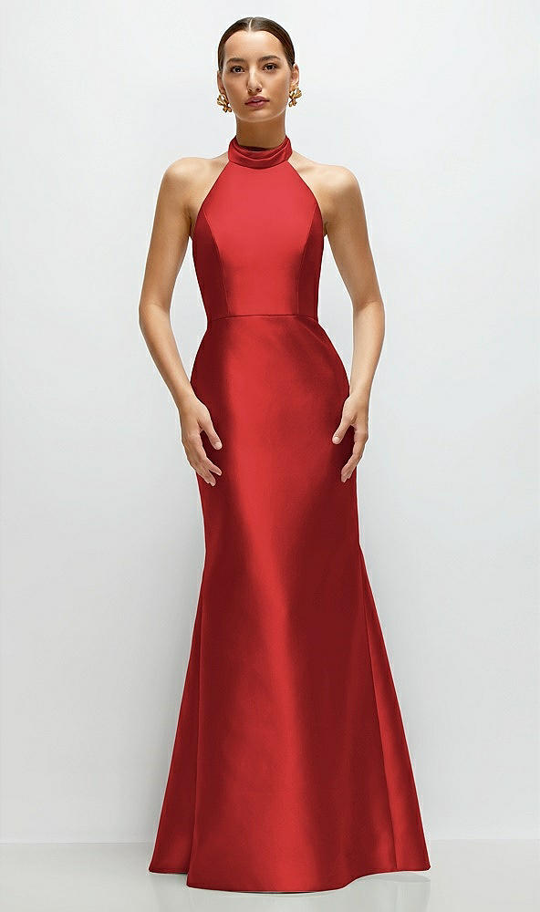 Front View - Poppy Red High-Neck Halter Open-Back Satin Trumpet Dress