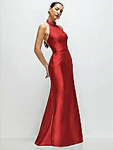 Side View Thumbnail - Poppy Red High-Neck Halter Open-Back Satin Trumpet Dress
