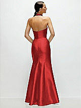 Rear View Thumbnail - Poppy Red High-Neck Halter Open-Back Satin Trumpet Dress