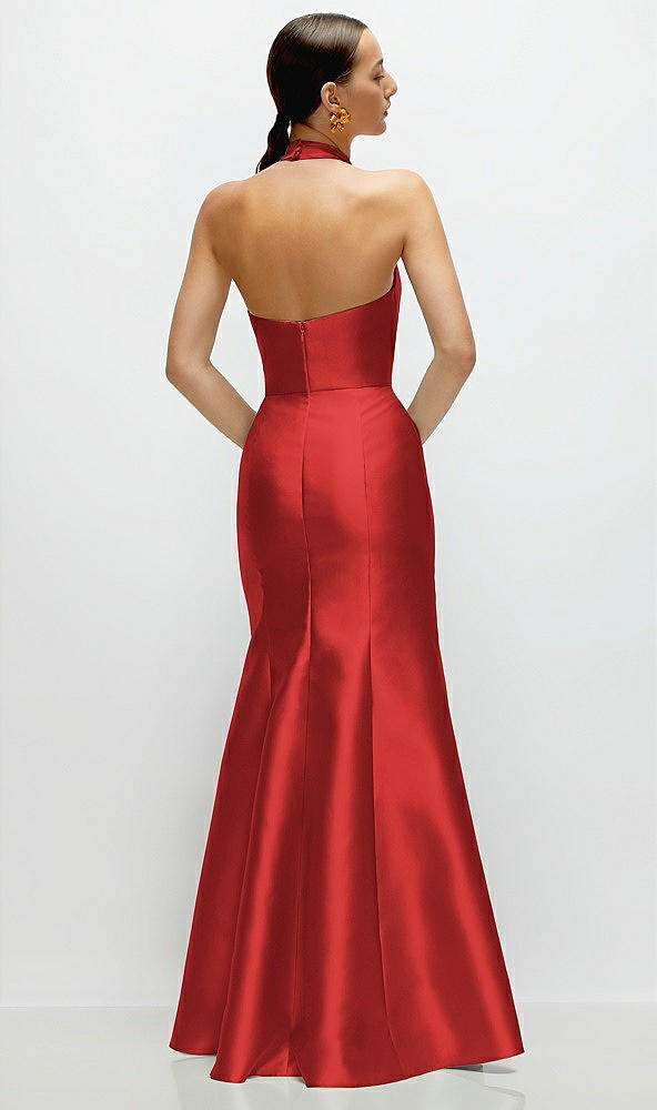 Back View - Poppy Red High-Neck Halter Open-Back Satin Trumpet Dress