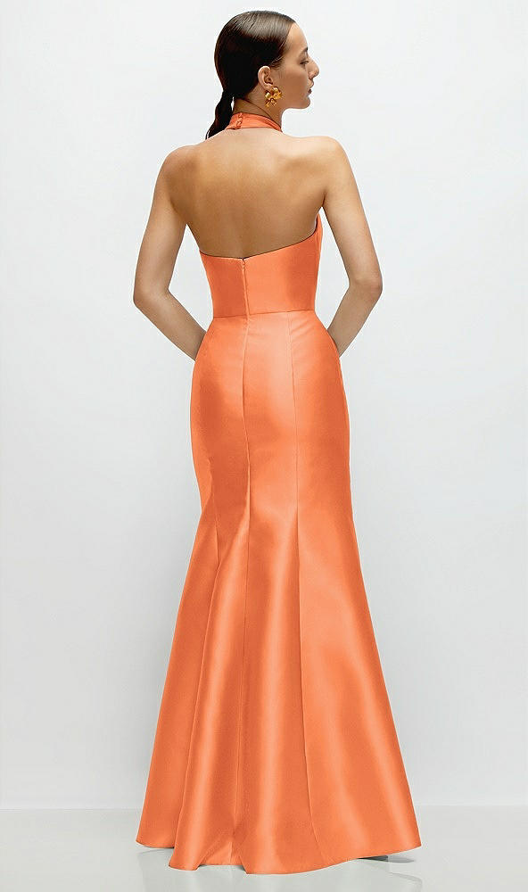 Back View - Portofino Orange High-Neck Halter Open-Back Satin Trumpet Dress 