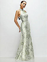 Side View Thumbnail - Sage Cottage Rose High-Neck Halter Open-Back Floral Satin Trumpet Dress 