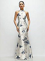 Front View Thumbnail - Inkwash Blue Floral High-Neck Halter Open-Back Floral Satin Trumpet Dress 