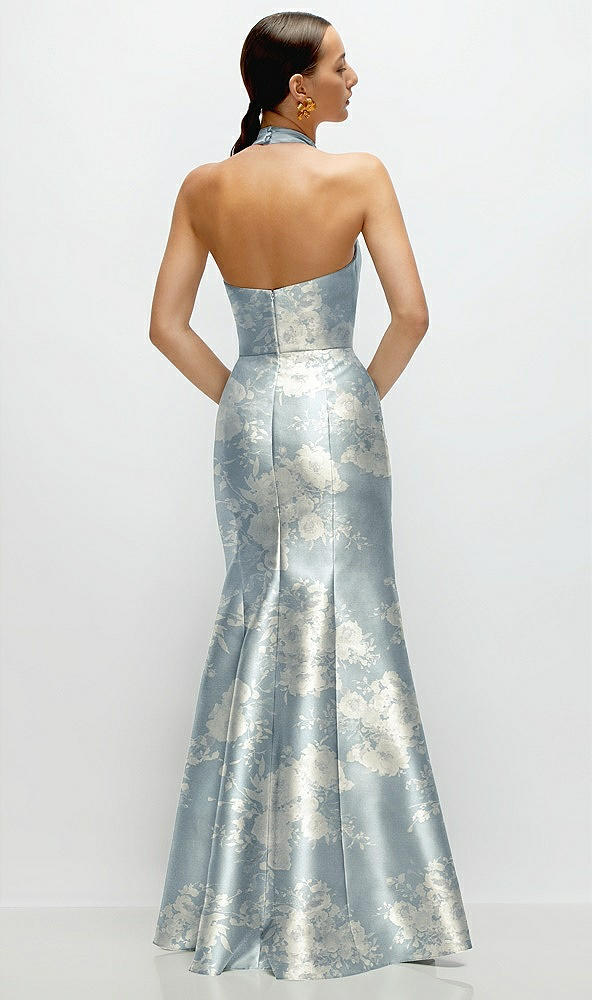 Back View - Porcelain Blue Seraphina Floral High-Neck Halter Open-Back Floral Satin Trumpet Dress 
