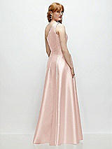 Rear View Thumbnail - Blush One-Shoulder Full A-Line Satin Gown with Handworked Floral Appliqué