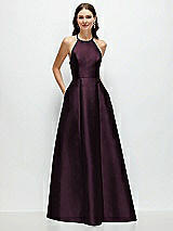 Front View Thumbnail - Deep Plum Jewel Neck Halter Full A-Line Satin Maxi Dress
