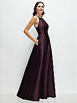 Side View Thumbnail - Deep Plum Jewel Neck Halter Full A-Line Satin Maxi Dress