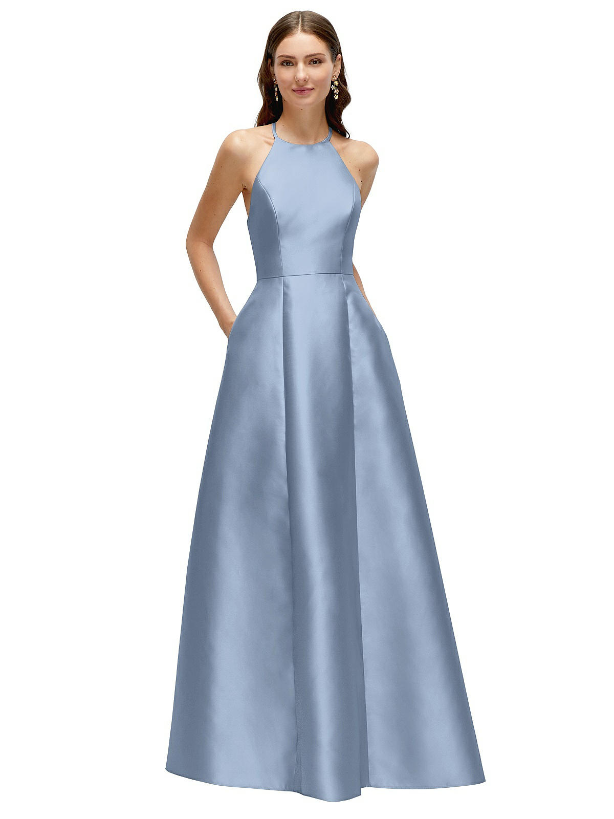 Jewel Neck Halter Full A-line Satin Maxi Bridesmaid Dress In Cloudy | The Dessy Group Jewel Neck Halter Full A-line Satin Maxi Bridesmaid Dress In Cloudy | The Dessy Group