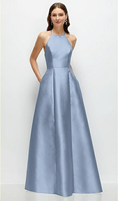 Jewel Neck Halter Full A-line Satin Maxi Bridesmaid Dress In