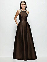 Front View Thumbnail - Espresso Jewel Neck Halter Full A-Line Satin Maxi Dress