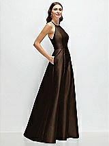 Side View Thumbnail - Espresso Jewel Neck Halter Full A-Line Satin Maxi Dress