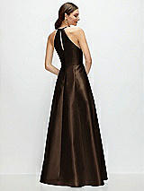 Rear View Thumbnail - Espresso Jewel Neck Halter Full A-Line Satin Maxi Dress