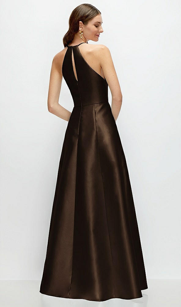 Back View - Espresso Jewel Neck Halter Full A-Line Satin Maxi Dress