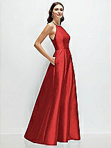 Side View Thumbnail - Poppy Red Jewel Neck Halter Full A-Line Satin Maxi Dress