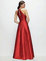 Rear View Thumbnail - Poppy Red Jewel Neck Halter Full A-Line Satin Maxi Dress