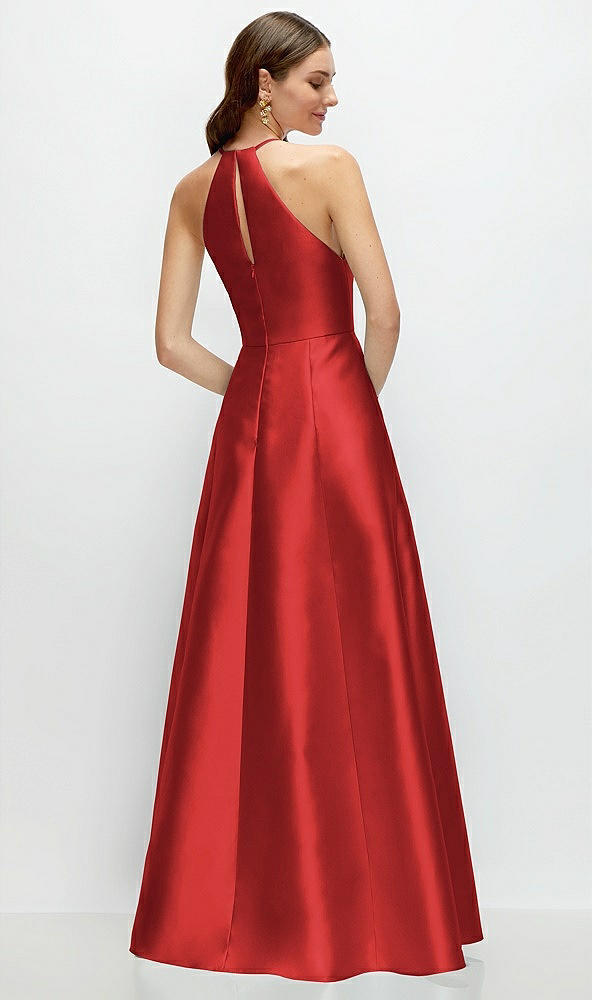 Back View - Poppy Red Jewel Neck Halter Full A-Line Satin Maxi Dress