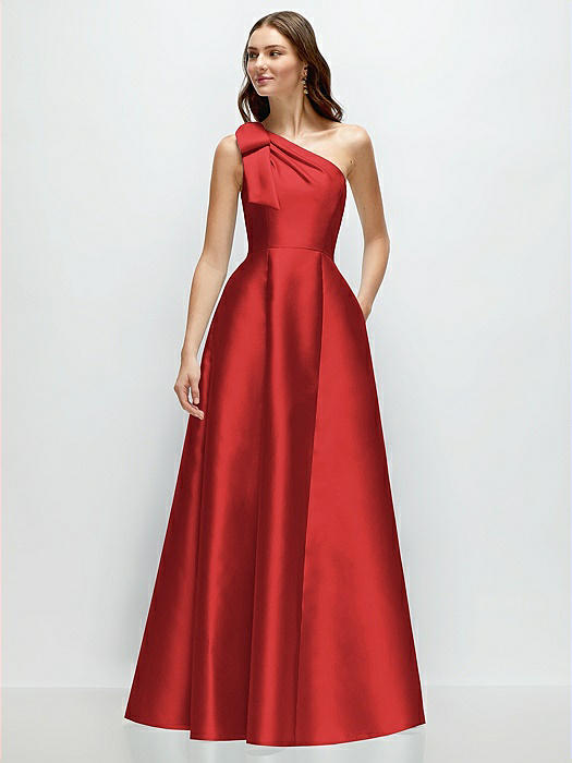 Bow One-Shoulder Full A-Line Satin Maxi Dress