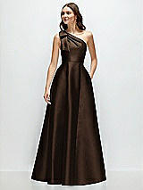 Front View Thumbnail - Espresso Bow One-Shoulder Full A-Line Satin Maxi Dress