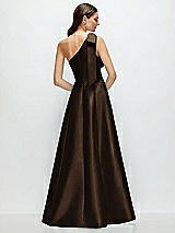 Rear View Thumbnail - Espresso Bow One-Shoulder Full A-Line Satin Maxi Dress