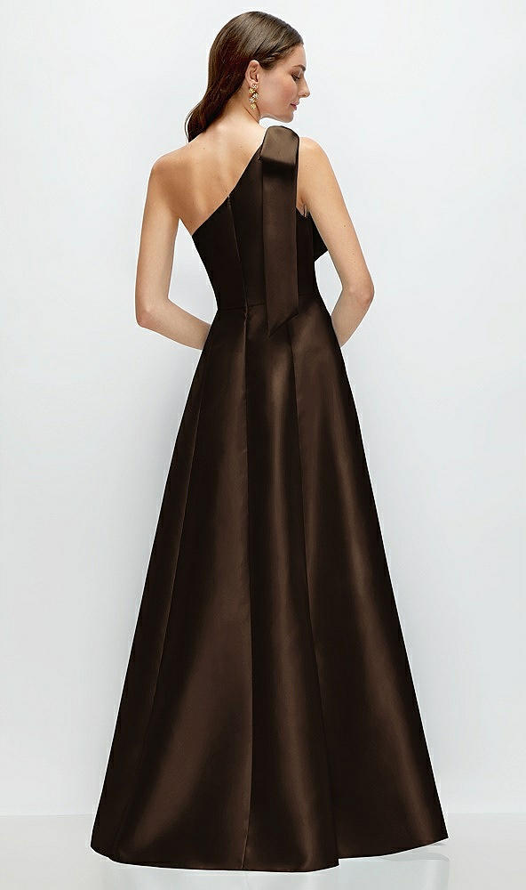 Back View - Espresso Bow One-Shoulder Full A-Line Satin Maxi Dress