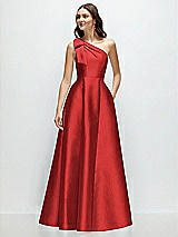 Front View Thumbnail - Poppy Red Bow One-Shoulder Full A-Line Satin Maxi Dress