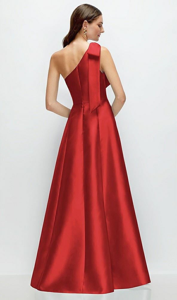 Back View - Poppy Red Bow One-Shoulder Full A-Line Satin Maxi Dress