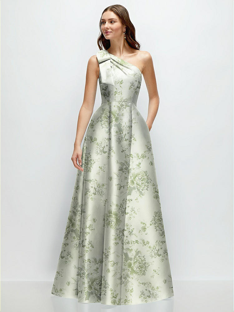 Oversized Bow One-shoulder Floral Satin Column Maxi Bridesmaid