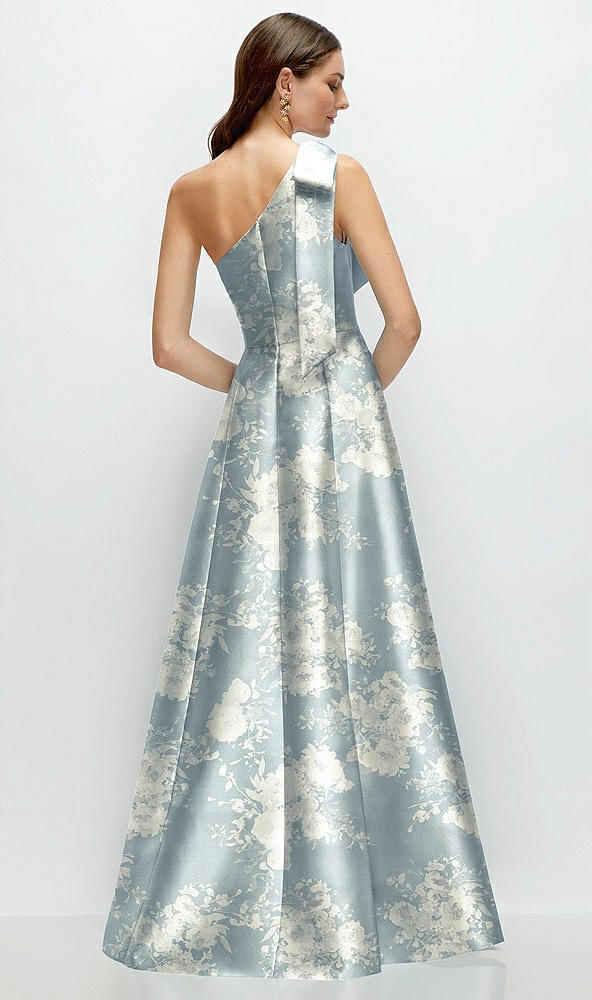 Back View - Porcelain Blue Seraphina Floral Bow One-Shoulder Full A-Line Floral Satin Maxi Dress