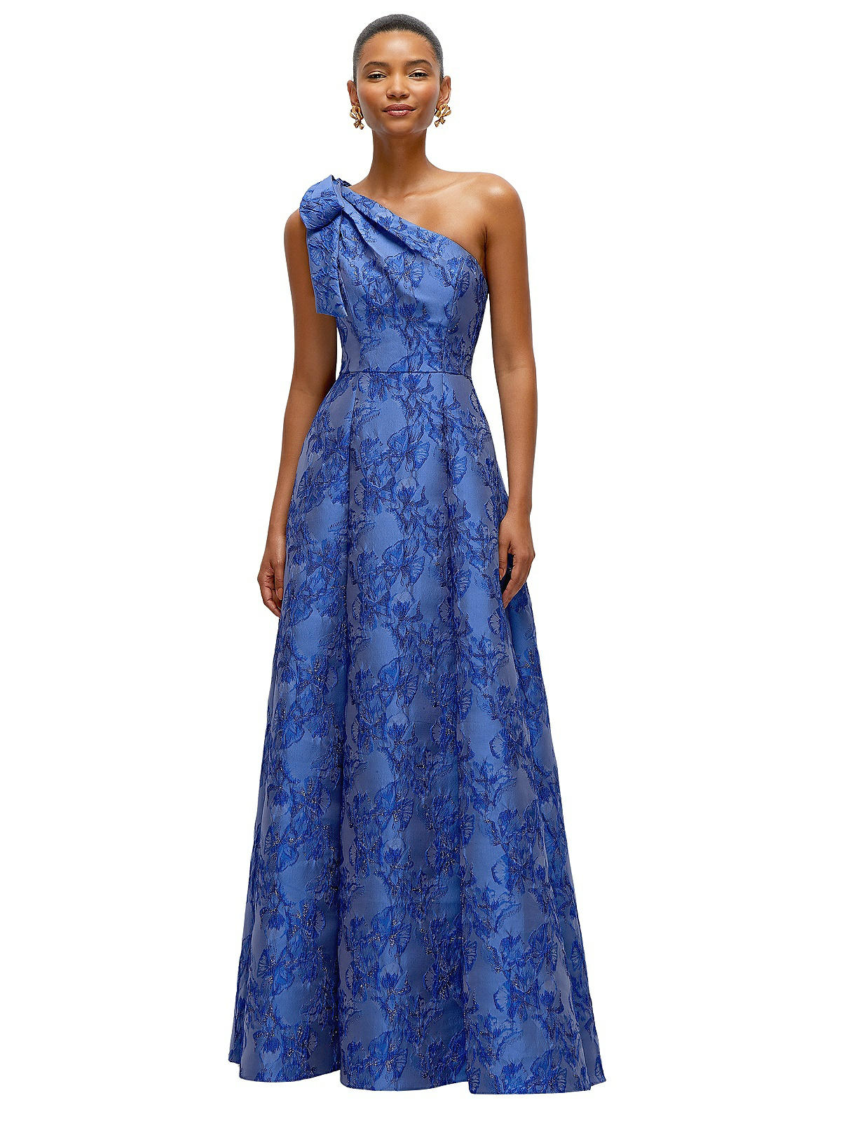 Cobalt Blue Bow One-shoulder Full A-line Floral Metallic Jacquard