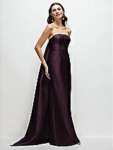 Front View Thumbnail - Deep Plum Strapless Satin Column Dress with Removeable Watteau Train