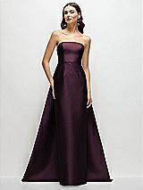 Side View Thumbnail - Deep Plum Strapless Satin Column Dress with Removeable Watteau Train
