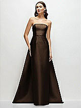 Side View Thumbnail - Espresso Strapless Satin Column Dress with Removeable Watteau Train