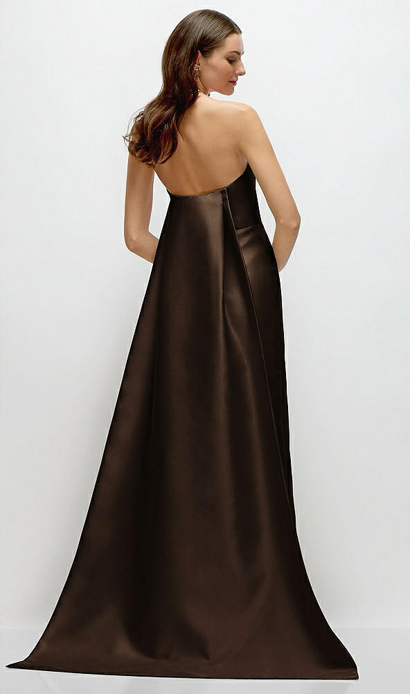 Back View - Espresso Strapless Satin Column Dress with Removeable Watteau Train