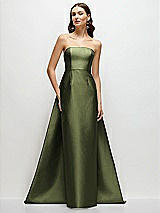 Side View Thumbnail - Olive Green Strapless Satin Column Dress with Removeable Watteau Train