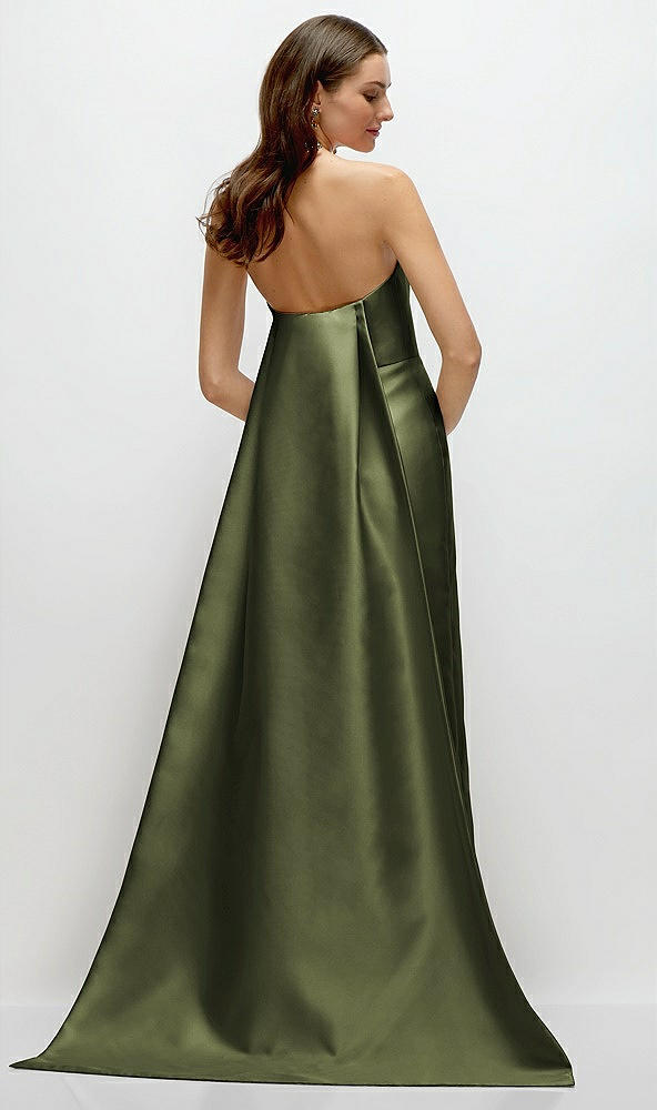 Back View - Olive Green Strapless Satin Column Dress with Removeable Watteau Train