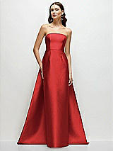 Side View Thumbnail - Poppy Red Strapless Satin Column Dress with Removeable Watteau Train