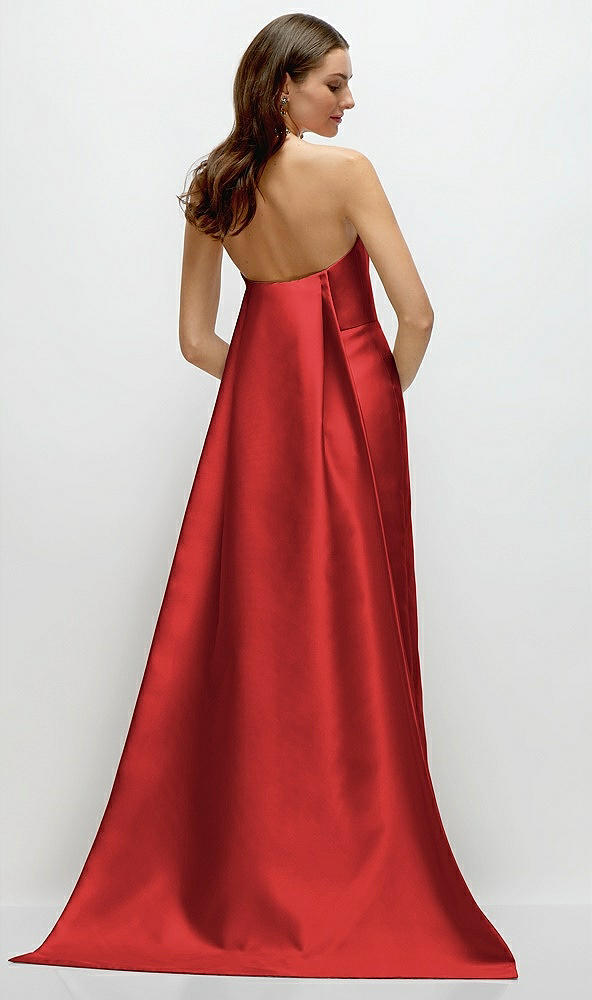 Back View - Poppy Red Strapless Satin Column Dress with Removeable Watteau Train