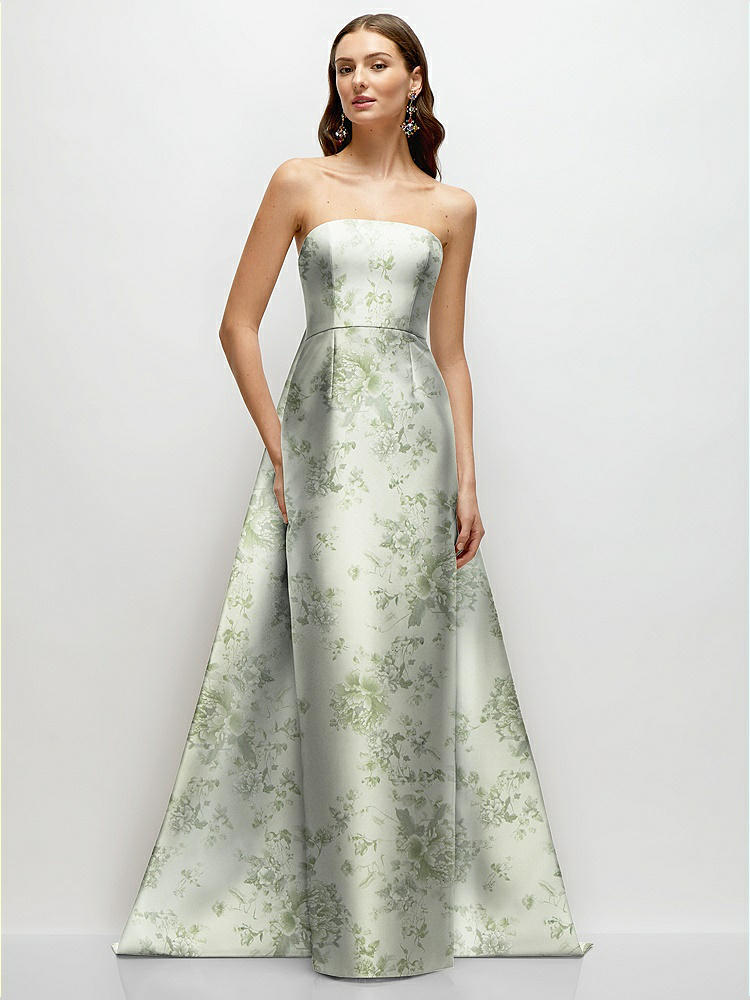 Strapless Floral Satin Column Bridesmaid Dress With Back Slit In