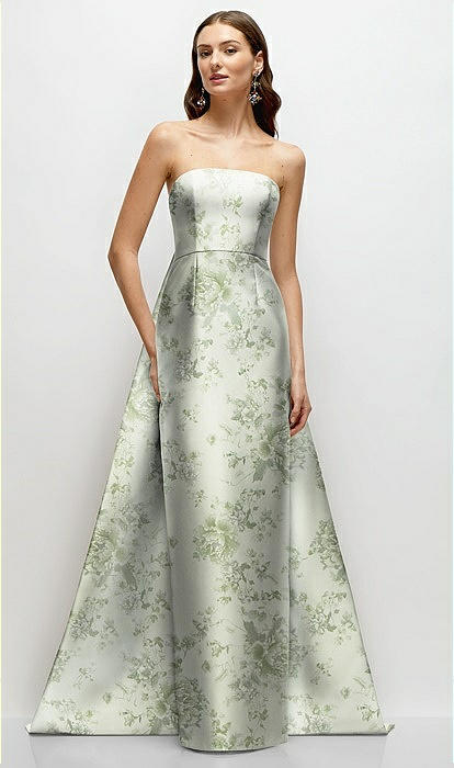 Strapless Floral Satin Column Bridesmaid Dress With Removeable